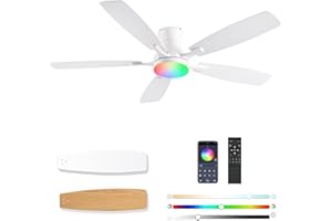FUMLTP Ceiling fans with Lights, 54Inch RGB Low Profile Ceiling fan with Light and Remote Control, Dimmable, Reversible DC Motor, Noiseless, 6 Speeds, Flush Mount White Ceiling Fan For Livingroom