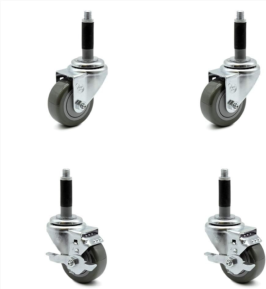 Polyurethane Swivel Expanding Stem Caster Set of 4 w/3" x 1.25" Gray Wheels and 3/4" Stems - Includes 2 with Top Locking Brake - 1000 lbs Total Capacity - Service Caster Brand