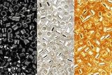 Metallic Miyuki Delica Seed Bead Mix, Size 11/0, Silver Lined Crystal, Silver Lined Gold And Jet Black Opaque
