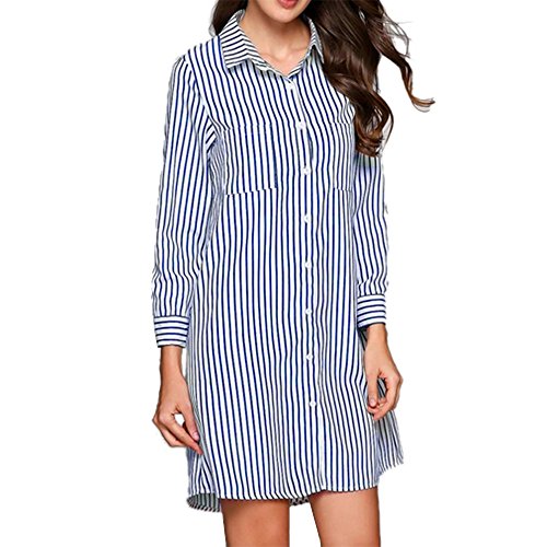 HHei_K Womens Sexy 3/4 Cropped Sleeve Turn-Down Collar Stripe Printed Pocket Button Closed Mini Shirt Dress