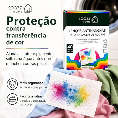 Spazz Home Lenços Antimanchas, 40 Folhas Grandes 28 x 11 cm, Proteção Contra Transferência de Cor, Ajuda a Evitar Manchas na Lavagem, Para Roupas Claras, Escuras e Coloridas