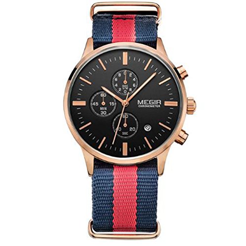 MEGIR casual chronograph military water resistant quartz watch men luminous canvas strap wristwatch (Rose Gold Blue)