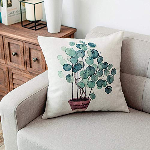 YeeJu Set of 4 Green Plant Throw Pillow Covers Decorative Cotton Linen