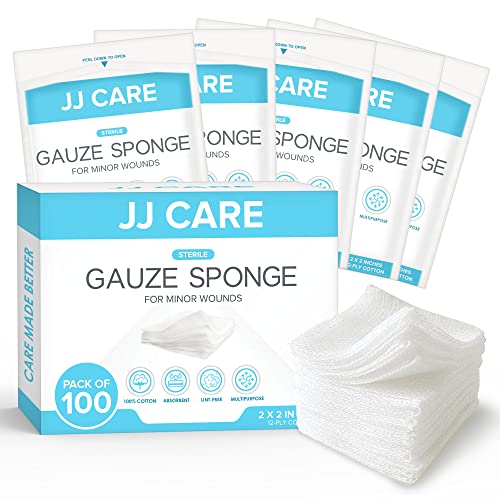 JJ CARE Sterile Gauze Pads 2" x 2" (Pack of 100), 12Ply Cotton Gauze