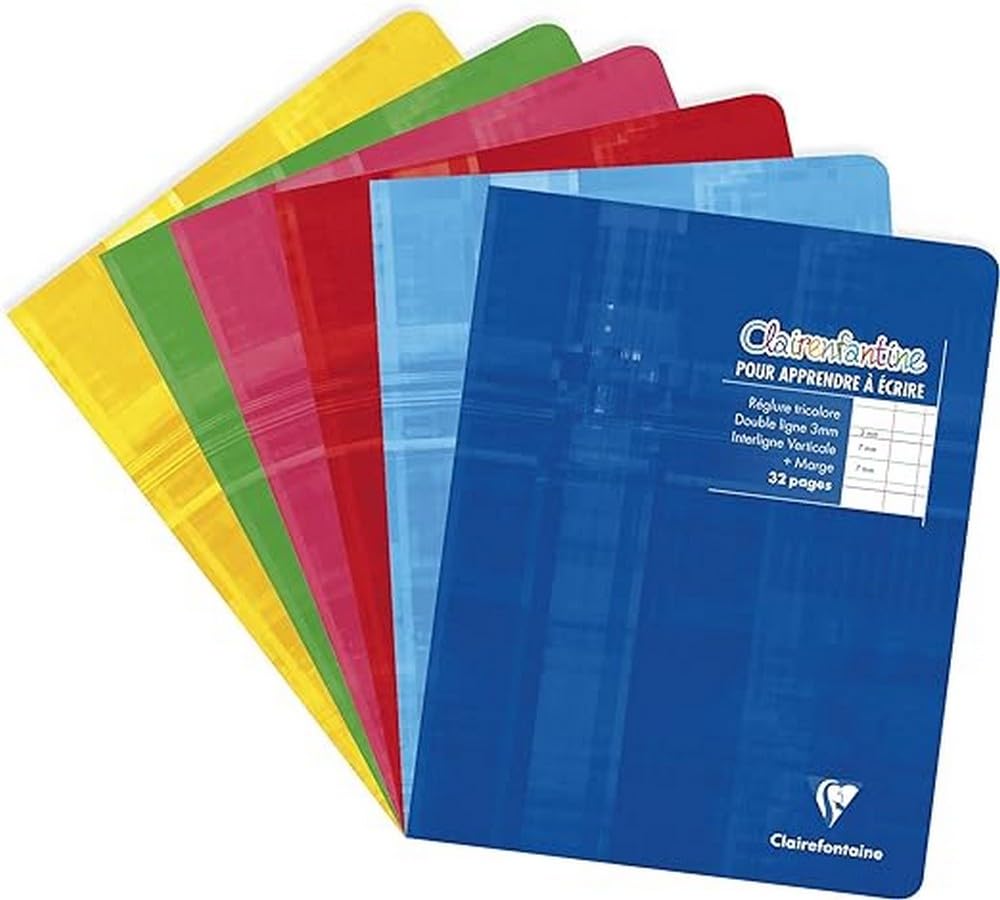 Clairefontaine 3794C - Stapled Writing Notebook - 17x22 cm - 32 Pages Double Line 3mm Vertical Spacing - White Paper 90 g - Laminated Card Cover Random Colour