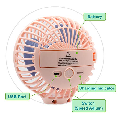 TRELC Mini Handheld Stroller Fan, Personal Portable Baby Fan with Flexible Tripod, Gift for Children, Rechargeable Fan for Office Room Car Traveling BBQ Gym Fan with 3 Settings (Pink) - Thumbnail 2