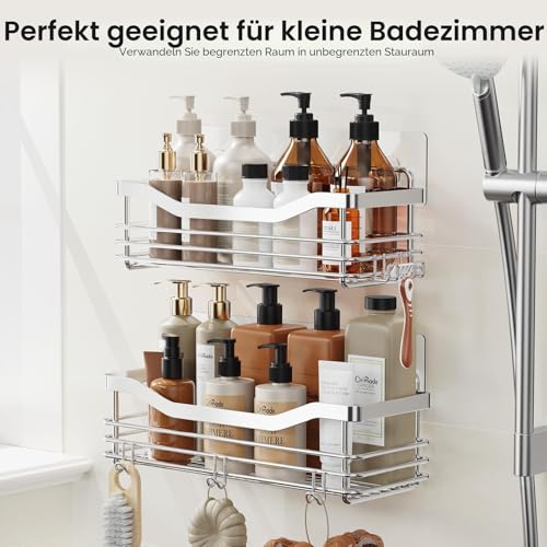 Orimade Shower Shelf No Drilling Stainless Steel Shower Shelf with 5 Hooks Shower Baskets for Bathroom Kitchen Toilet Pack of 2