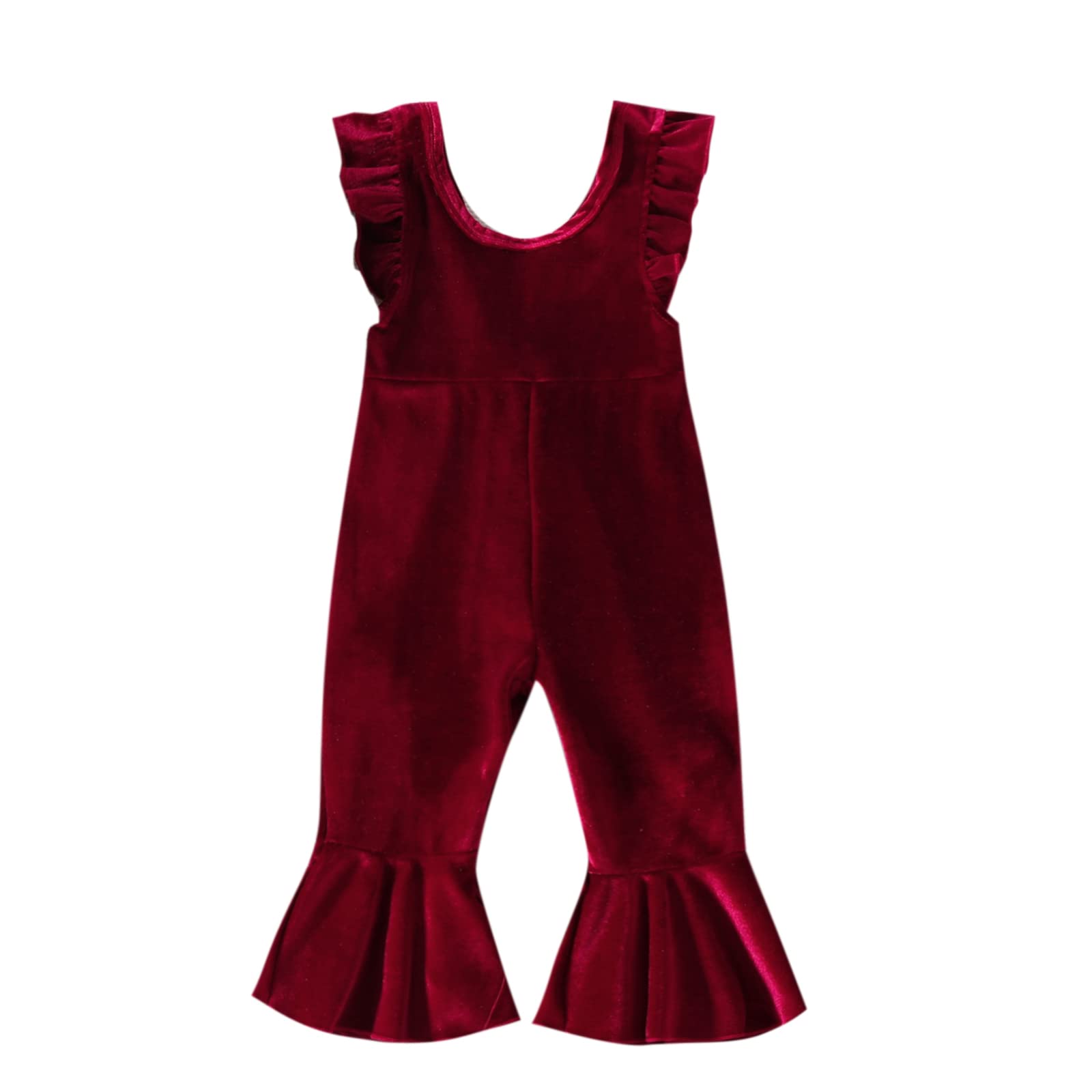 Photo 1 of YOKJZJD Infant Toddler Baby Girl Velvet Romper Jumpsuit Overalls Bell Bottom Pants Fall Suspender Leggings Christmas Outfits (A-Wine Red, 6-12 Months)