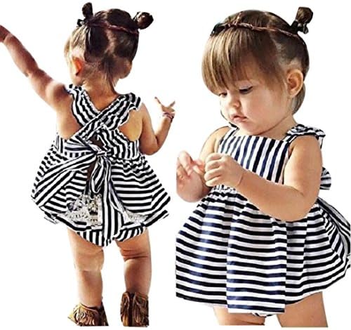 YCXZTC1Set Baby Girls Summer Cotton Outfit Stripe Backless bubble skirt Dress+ Lace shorts (12Months, Navy)