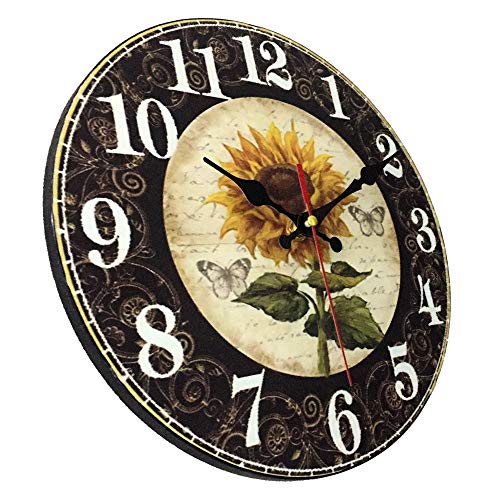 12 Inch Sunflower Kitchen Wall Clock Rustic Farmhouse Clocks, Thick Wood Home Decor Clock for Bedroom, Office, Dinning Room, Silent Battery Operated (Black)
