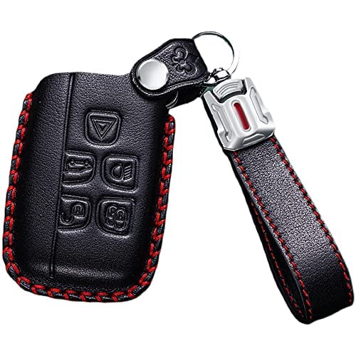 ontto Leather Car Key Fob Cover Keyring fit for Land Rover Defender Discovery Evoque LR4 fit for Range Rover Sport fit for Jaguar accessories Remote Key Case Shell Holder keychain Protector Black A