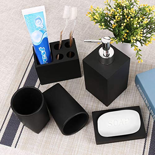 Bathroom Accessories Set, 5 Piece Resin Bathroom Sink Set, Toothbrush Holder, Liquid Soap Dispenser, Soap Dish, 2 Tumblers, Black - Thumbnail 3