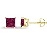 14K Gold Plated 925 Sterling Silver Hypoallergenic 6mm Square Princess Cut Genuine Birthstone Solitaire Screwback Stud Earrings
