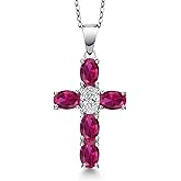 Gem Stone King 925 Sterling Silver Red Created Ruby and Lab Grown Diamond Cross Pendant Necklace for Women | 2.90 Cttw | Gemstone July Birthstone | Oval 6X4MM | With 18 Inch Chain