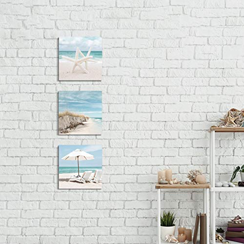 Coastal-Canvas-Wall-Art-Print-Starfish-Beach-Chairs-on-Sand-Artwork-for-Wall-Painting-for-BedroomOverall-12Wx12H-x3-Pcs Coastal Canvas Wall Art Print: Starfish & Beach Chairs on Sand Artwork for Wall Painting for Bedroom(Overall 12"Wx12"H x3 Pcs)