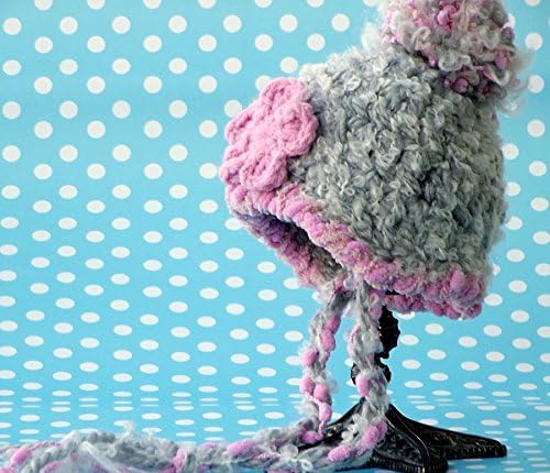 Crochet Baby Girl Beanie Hat, Pompom Skull Hat Grey and Pink