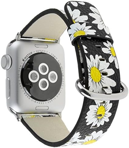 MagicFeel Beautiful Daisy Personalized Pattern Replacement Leather Strap Wrist Watch Band for Apple Series 3 Series 2 Series 1 Sport Edition iwatch for Women(Black with Daisy Print-38mm)