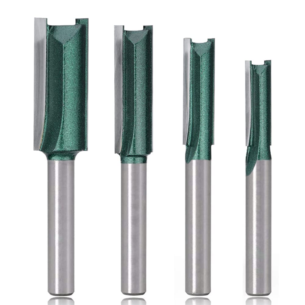 Mesee 4 Pieces Double Flute Straight Router Bit Set, 1/4 Inch Shank Industrial Grade Woodworking Straight Dado Router Bits Tungsten Carbide Trimming Milling Cutter Carpenter Cutting Tools