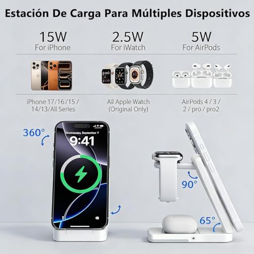 UZNOONL 3 en 1 Cargador Inalámbrico para iPhone - Plegable Portátil Cargador, 15W Adaptador de Corriente+1m Cable para iPhone 17 16 15 14 13 12 Serie, Apple Watch, AirPods (Blanco)