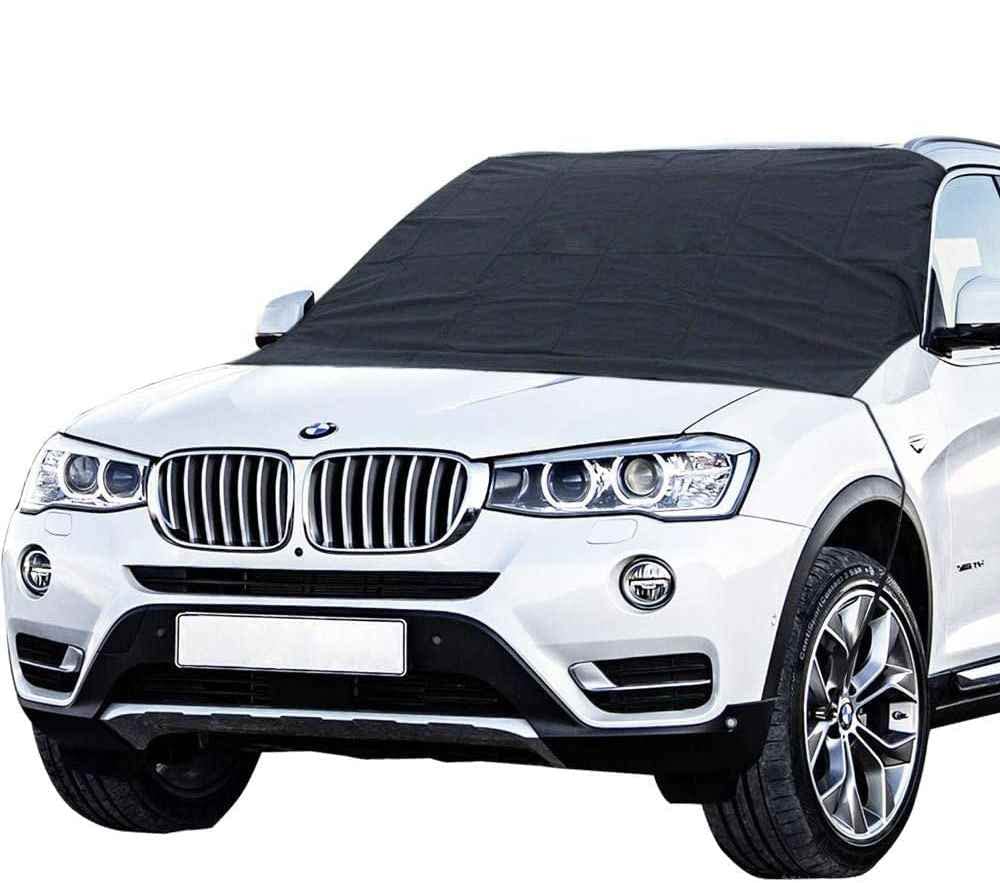 Car Windscreen Snow Cover with 4 Magnetic Edges & Elastic Hooks, Windproof Waterproof Auto Windshield Shade, All Weather Guard for Frost Ice and Sun, Fits Most Cars, SUV, Trucks and Vans (85"x 49")