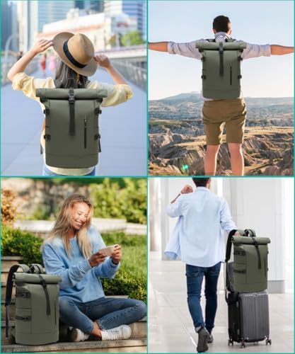 GYakeog Rolltop Backpack Large 33L Waterproof Laptop Backpack Men Women 15 Inch School Backpack Lightweight Bicycle Backpack Anti-Theft Sports Backpack for Travel Cycling University Leisure Green