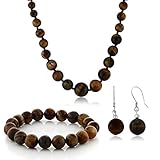 10mm Tiger Eye Brown Color Cross Cut Bead Necklace Bracelet and Earrings Set