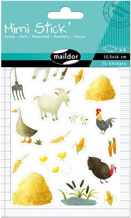 Maildor AE020O, Mimi'Stick STICKERS, Pack of 4 sheets, Dimensions: 10.5x16 cm, ANIMALS ON THE FARM DESIGNS (74 stickers)