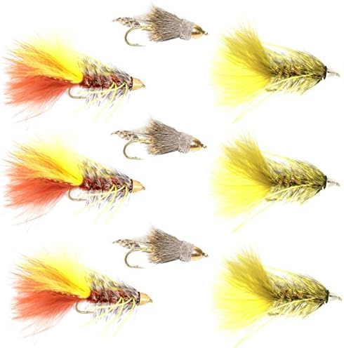 The Fly Fishing Place Cone Head Muddler Minnow, JJ Special & Olive/Yellow Rubber Legs New Age Bugger Fly Fishing Flies Assortment - Bass & Trout Streamers - 9pcs Size 4