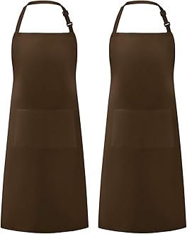 Syntus 2 Pack Thicker Version Adjustable Bib Apron Waterdrop Resistant with 2 Pockets Unisex Cooking Kitchen Aprons for Women Men Chef, Brown