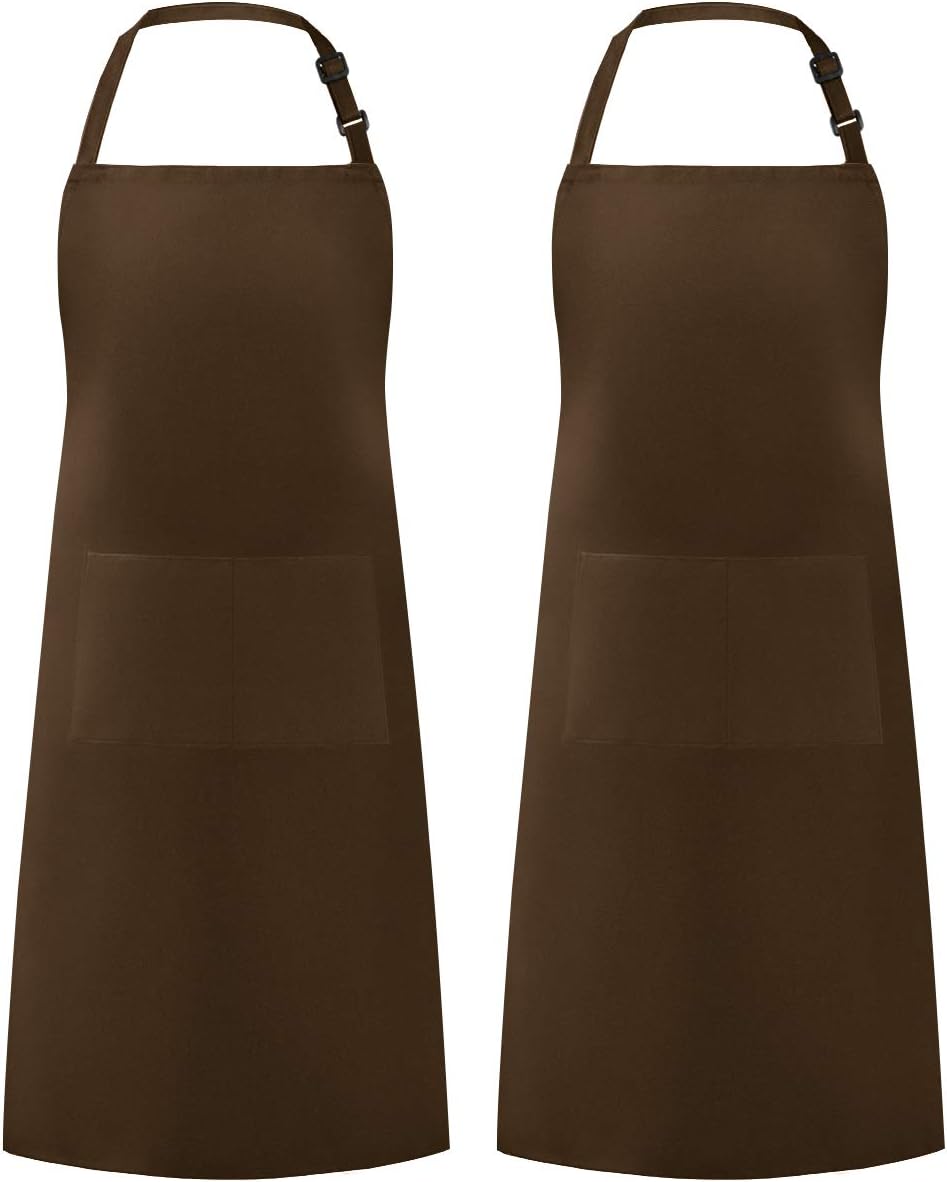 Syntus 2 Pack Thicker Version Adjustable Bib Apron Waterdrop Resistant with 2 Pockets Unisex Cooking Kitchen Aprons for Women Men Chef, Brown
