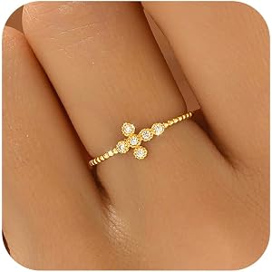 Yueyoer 925 Sterling Silver Dainty Cubic Zirconia Cross Rings for Women | 14k Gold Plated Crystal Sideway Cross Rings Crucifi