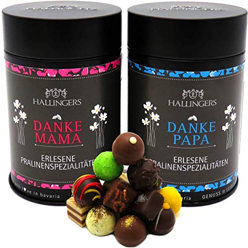 Hallingers 2x 12 Manufaktur-Pralinen handgemacht, ohne Alkohol (300g) - Danke Mama & Danke Papa (Premiumdose…