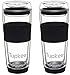 Tupkee Double Wall All Glass Tumbler - 14-Ounce, Reusable Insulated Tea/Coffee Mug & Lid, Hand Blown Glass Travel Mug - Black - 2 Pack