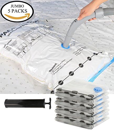 Space Saver Bags|SpaceQueen Premium Vacuum Storage Bags (Lifetime Replacement Guarantee) 5 Packs (5 Jumbo) More Larger Than Other Brands! Free Hand-Pump For Travel!