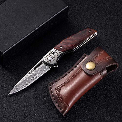 edcfans Damascus Pocket Knife for Men Women, Handmade Folding Pocket
