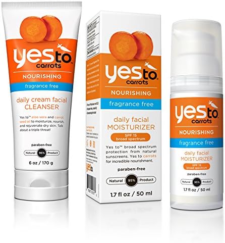 Yes to Carrots Fragrance Free Daily Cream Facial Cleanser and Fragrance Free Daily Facial Moisturizer with SPF 15 Bundle with Carrot Seed Oil and Pumpkin Fruit Extract, 6 oz. and 1.7 fl. oz.