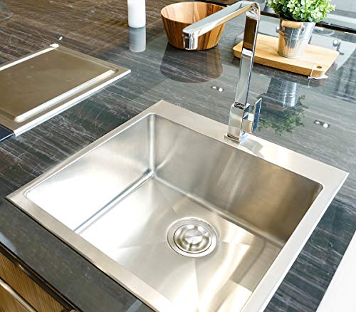 MOWA HMT2522 25" x 22" Pro Series Handmade 16 Gauge Stainless Steel Top Mount Drop In Single Bowl Kitchen Sink w/Sink Bottom Grid, Basket Strainer, Brushed Nickel Pull-down Faucet