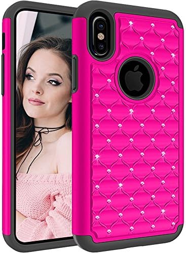 iPhone X Case, iPhone 10 Case, Arukas Studded Rhinestone Crystal Bling Hybrid Armor Defender Dual LAYER Shockproof Protective Hard Plastic+Soft Silicon Rubber Case Cover for iPhone X (rose red)
