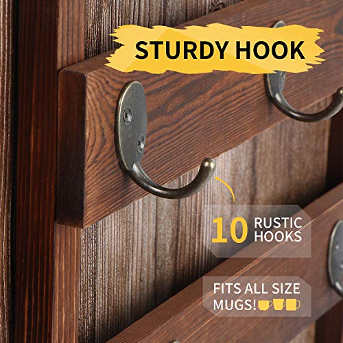 Eurlemd Coffee Mug Holder, Rustic Wooden Mug Rack Wall Mounted, with 10 Hooks for Home Kitchen Display Storage and Collection (Rustic Brown)