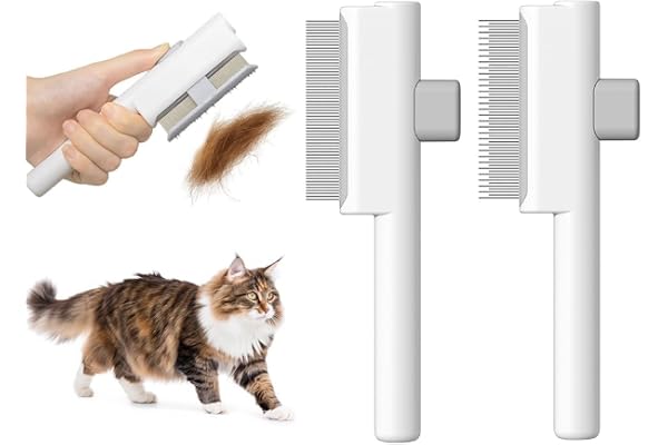 Marchul 2Pcs Pet Comb Flea Comb Set for Cats Dogs, Cat Grooming Brush with Release Button and Stainless Steel Round Teeth, Se