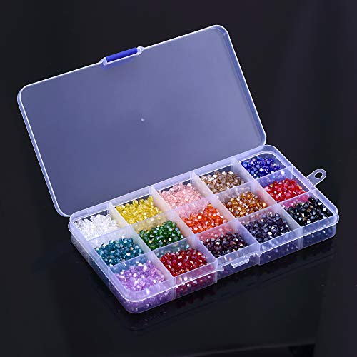 Beads for Jewelry Making, 3000pcs Faceted Bicone Crystal Glass Beads- Perfect for Handmade Crafts, DIY Bracelet, Necklaces, Dolls(15 Color- AB Colorful, 4mm)