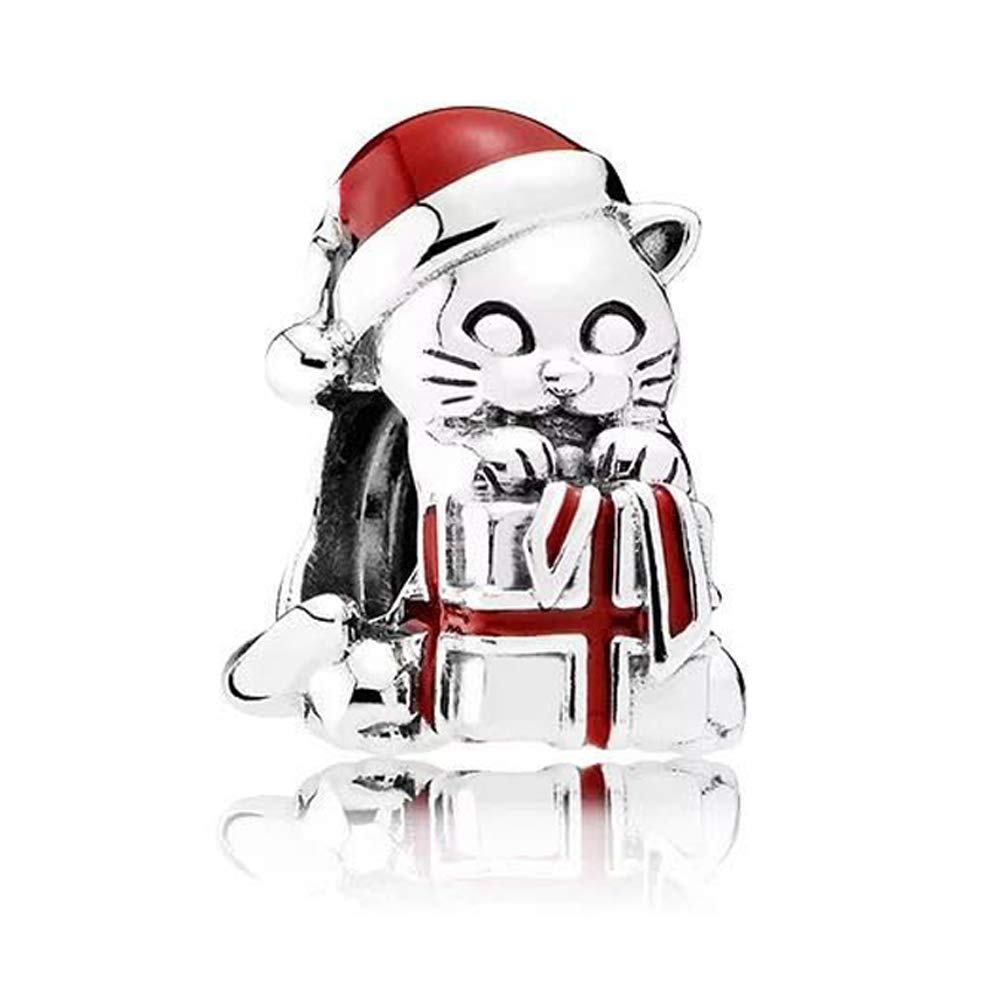 PANDOCCI European Winter Christmas Kitten Beads Fits Pandora Charms Bracelets Berry Red Ename Charm Beads For Jewelry Making
