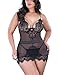 XAKALAKA Sexy V-Neck Lace Mesh Strappy Babydoll Plus Size Lingerie Set for Women Size 3XL (Black)