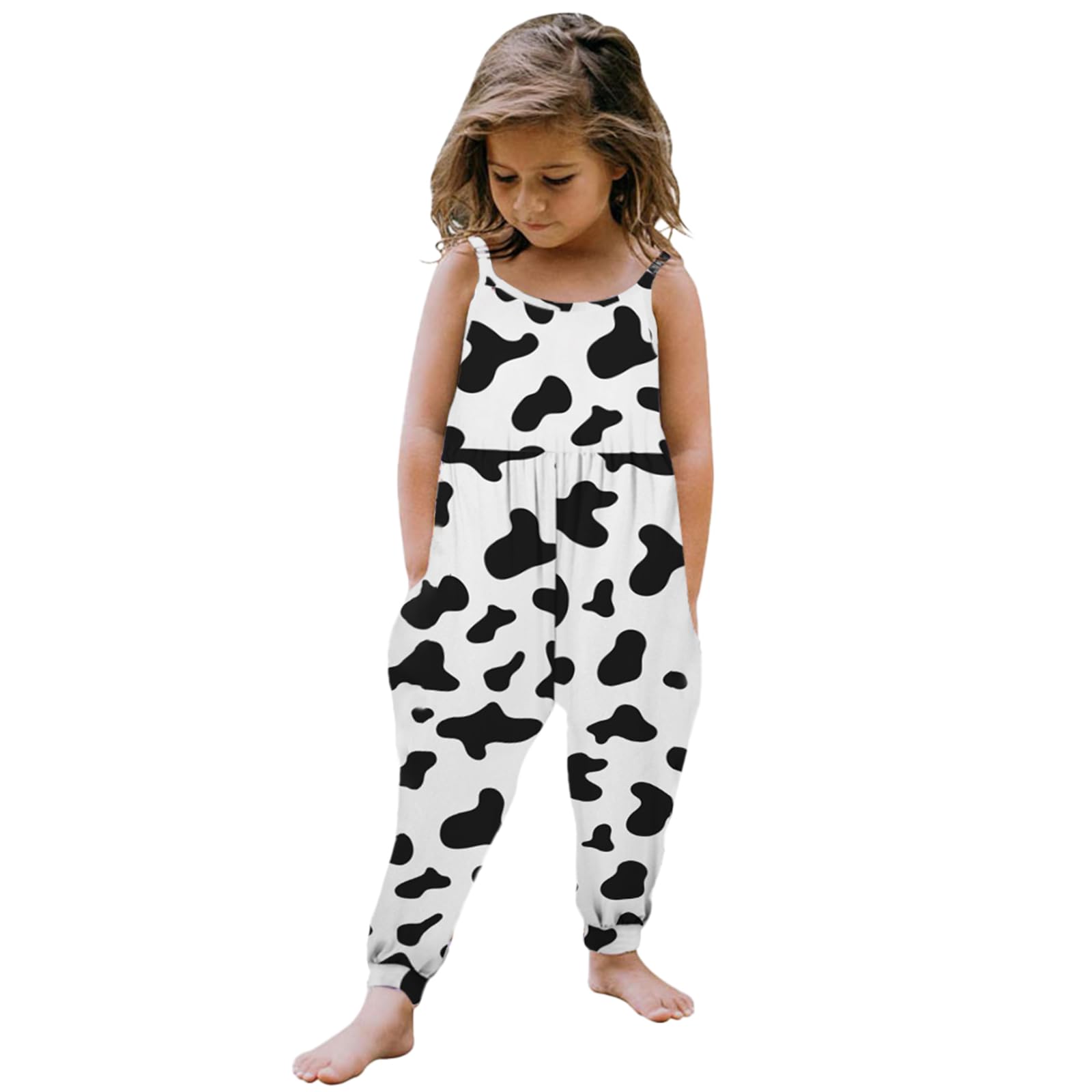 Photo 1 of AMAWMW Toddler Baby Girls Jumpsuit One Piece Cow Print Romper Sleeveless Strap Pockets Summer Outfits Clothes 2t 3t
