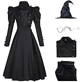 Danvato Witch Costume Black Dress for Women Halloween Wizard Suit with Hat, Glasses