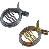 Parcelona French Round Inner Teeth Tortoise Shell and Black Cellulose Set of 2 Hair Clips for Women