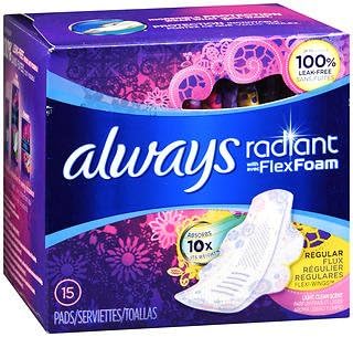 Always Radiant Infinity Pads Regular Flow with Flexi-Wings Light Clean Scent - 15 Ct, Pack of 6