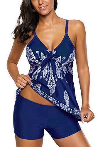 American Trends Women's Floral Printed Retro Swimsuit V Neck Tummy Control Tank Top Tankini Bathing Suit With Athletic Boyshorts Navy Blue XL (US Size 10-12)