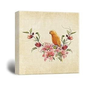 Square Antique Style Painting with a Yellow Parrot and Flowers