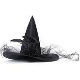 JUSTOTRY Halloween Witch Hat - Halloween Costume Witches Hats for Women | Classic Halloween style &ndash; Black witch hat for women with roses, tulle and feathers; lightweight design with a wide brim.